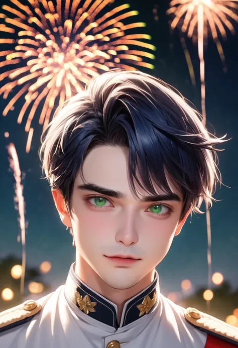 1 male　Short dark blue hair and eyebrows　Bangs that expose only half of the left forehead　 Deep green eyes　White military uniform　firework