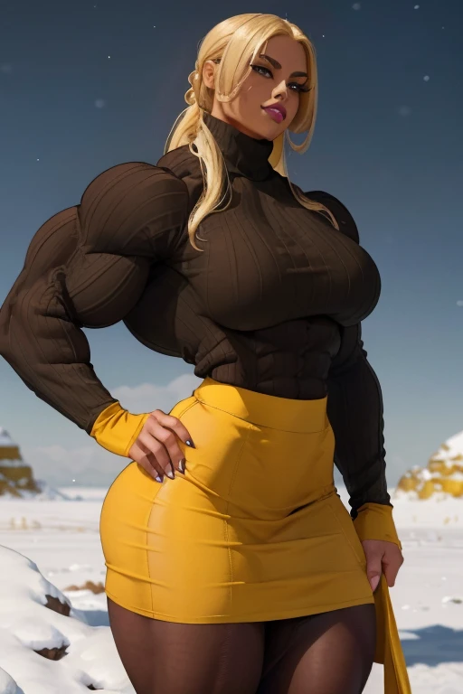 (Close-up), tall, (yellow hair), beautiful muscular Latino woman, long flowing hair, light brown skinned, closed smile, (black lipstick), (massive muscles), (hyper muscle), ((ginormous bulky muscles)), gray eyes, (((beautiful yellow long sleeve turtleneck ...