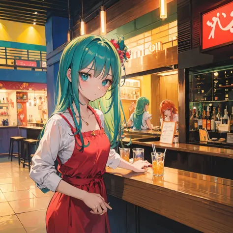 Make anime style art, create a vibrant Brazilian style bar scene. The bar must have women smoking and others drinking. The atmosphere should be dirty and welcoming. Women can dress in different styles of casual clothing, and the environment must have eleme...