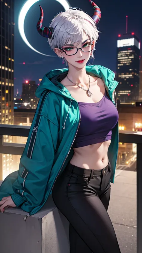 8k, masterpiece, best quality, highly detailed, 1 girl, tiefling, warlock, pixie cut, multicolored hair, very short straight hair green highlight hair on white hair, strippled hair, wearing glasses, round glasses, sexy, earrings, navel piercing, red eyesha...