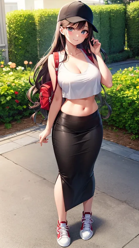 masterpiece, best quality, 1girl, beautiful woman with long wavy hair, dark brown hair, large bust, casual red tank top crop top, black midi pencil skirt, long skirt:1.25, sneakers, red baseball cap, backpack, collarbone, midriff, belly button, summer, gar...