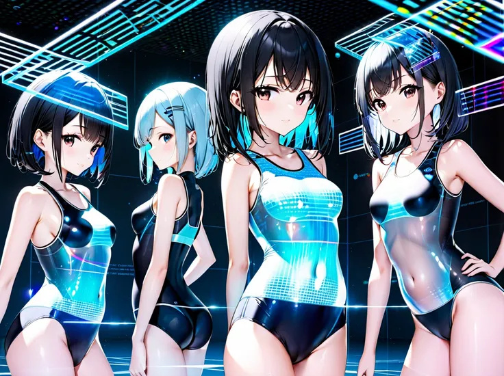 School swimsuit 3girls, cyber world, hologram,　School swimsuit, cyber world, Hologram, SF, gleaming, black hair