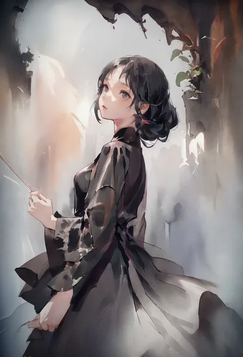 girl violinist, black violin, black dress, playing, art, canvas, skinny, delicate, pale skin, extremely long black hair, globes, eyes covered, tight dress, dark vibes, misterious, completely black violin, cursed violin