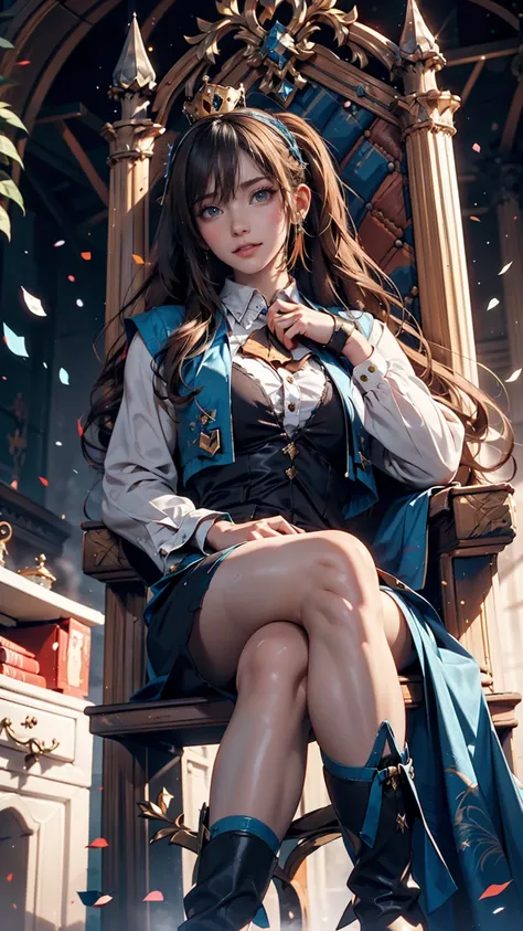 One girl, hatsune miku, Princess Costumes, Crown, Money, ((Throne)), Inside the castle, middle ages, Wearing a blue vest, Put one foot on the ground, The calf of the other leg is facing outward, hold the microphone with one hand, Put your other hand over y...