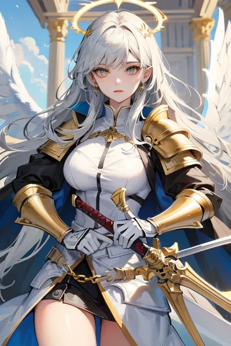 (best qualityer), (work of art), (ultra definition), Ultra detailed image with 2 girls battling with giant swords, a girl has long white hair and white armor and white angelic wings and golden halo on her head and white eyes and a giant golden sword in her...