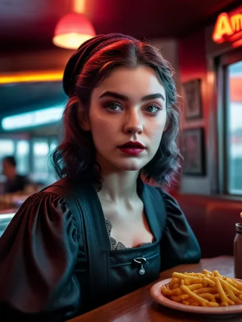 hyper realistic and highly detailed, an otherworldly horror beautiful young witch creature, half body portrait, cinematic, movie still, captured in the style of Sony Alpha A7 III camera, working at American diner