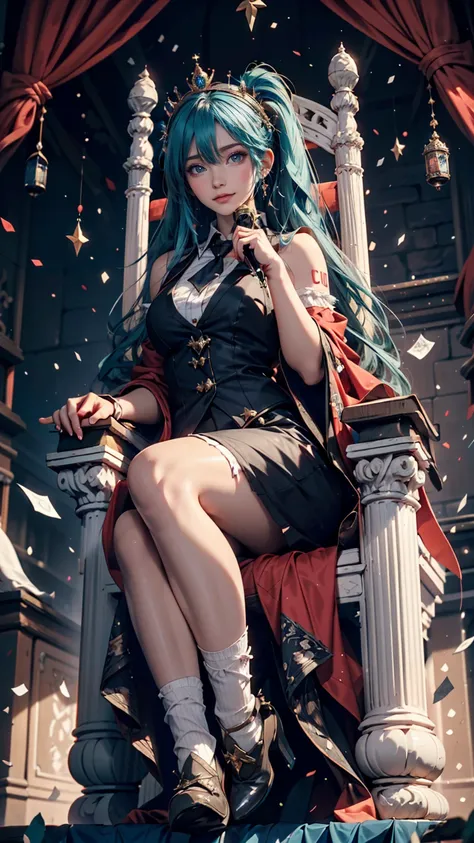 One girl, hatsune miku, Princess Costumes, Crown, Money, ((Throne)), Inside the castle, middle ages, Wearing a blue vest, Put one foot on the ground, The calf of the other leg is facing outward, hold the microphone with one hand, Put your other hand over y...