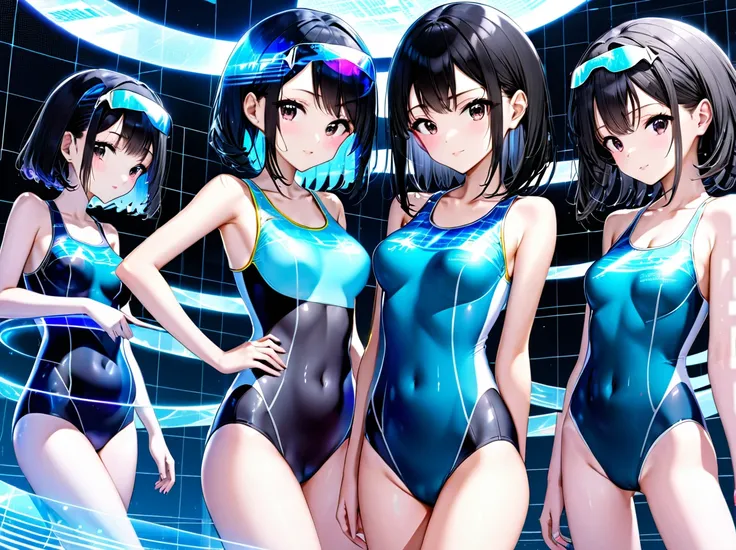 School swimsuit 3girls, cyber world, hologram,　School swimsuit, cyber world, Hologram, SF, gleaming, black hair, glamourous