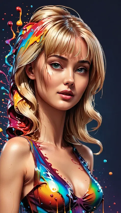 (Vector art:1.2), Beautiful blonde woman, with wax dress melting and dripping down the body (masterpiece: 1.2), (best quality), 4k, ultra-detailed, (dynamic composition: 1.4), highly detailed, colorful details, (iridescent colors: 1.2), (bright lighting, a...