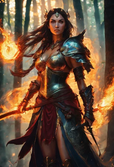 a woman in armor with a sword and fire in her hand, Concept art by Yang J., Artstation contest winner, Fantasy Art, she has fire powers, a very beautiful berserker woman, appears as the goddess of fire., fire wizard, fantasy woman, The flames surround her,...