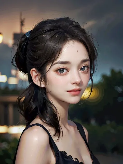 Realistic photograph, marioncotillard, Upper body of a beautiful cute long and slender slimmed face Japanese girl, happy smiling, still from the film, ((young Anne Hathaway face: 0.8)), front shot, portrait photo of a cute 25 years old girl, looks at viewe...