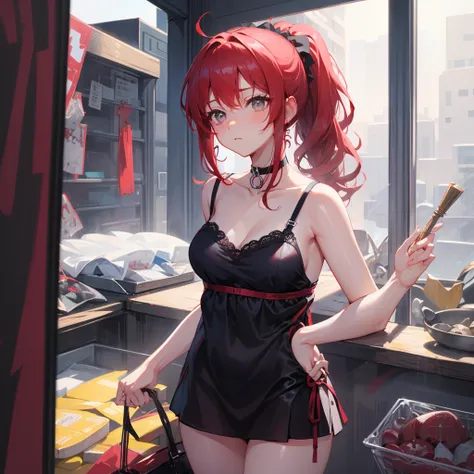 [[[[[[1 woman]]]]]] {{{ponytail hair}}}, 깔끔한 긴 ponytail hair, long hair, red hair, gray eyes animation, Breasts slightly larger, medium hips, choker, shy, black lingerie,  choker, standin, very detailed, 8k,