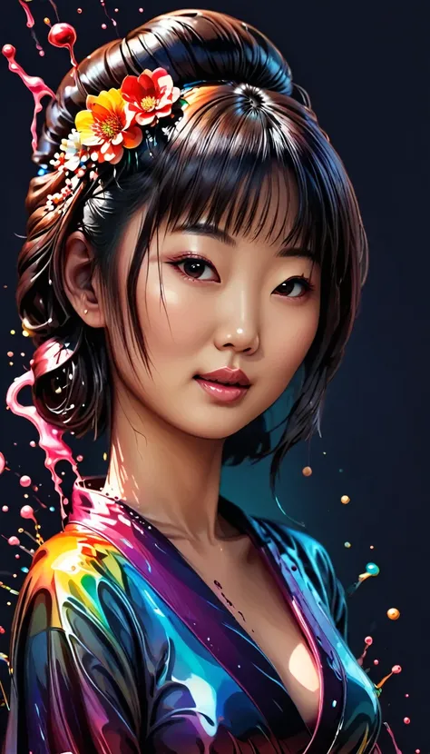 (Vector art:1.2), Beautiful Japanese woman, with wax dress melting and dripping down the body (masterpiece: 1.2), (best quality), 4k, ultra-detailed, (dynamic composition: 1.4), highly detailed, colorful details, (iridescent colors: 1.2), (bright lighting,...