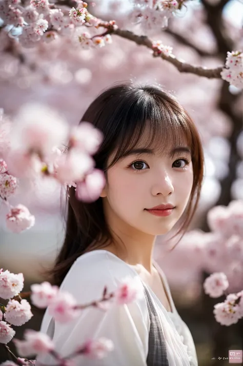 Photorealistic portrait of a beautiful young Japanese girl, soft natural lighting, outdoor cherry blossom setting, shallow depth of field, high-resolution detail, Canon EOS R5, 85mm f/1.2 lens,