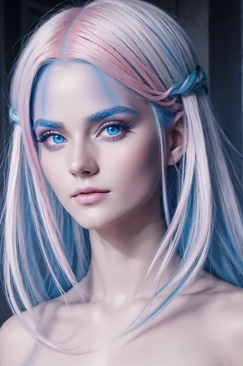 Estelmedus, a mystical being that takes the form of a human, with ash white hair, blue and pink, big and beautiful eyes, her translucent and soft skin 