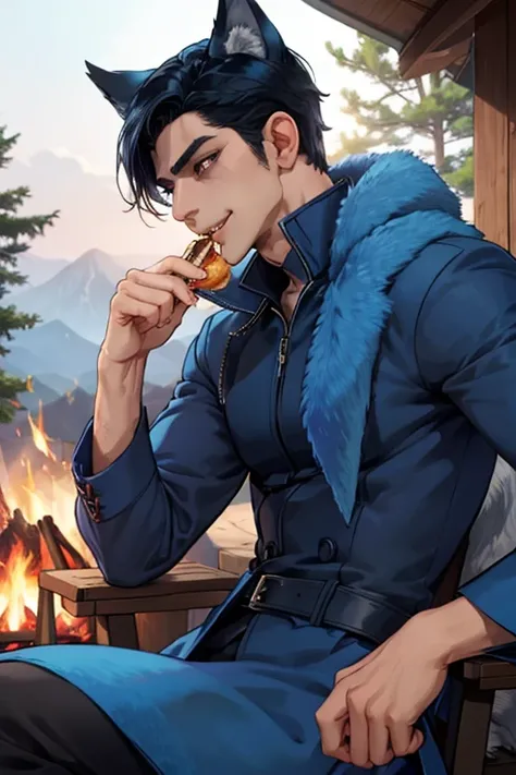 One man. Perfect face. Perfect hands. Perfect blue wolf ears. Perfect blue wolf tail. A handsome black haired man with blue wolf ears and a blue tail in a long coat is eating dinner at a campfire with a lovesick grin
