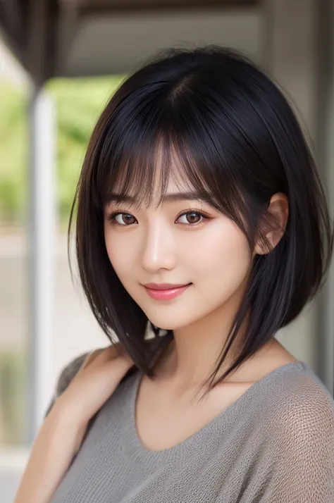 (photorealistic:1.2), young beautiful Japanese girl, soft natural lighting, detailed skin texture, high resolution, 8k, sharp focus, (high detail:1.3), (realistic eyes:1.2), silky black hair, gentle smile, natural makeup, casual modern clothing, studio por...