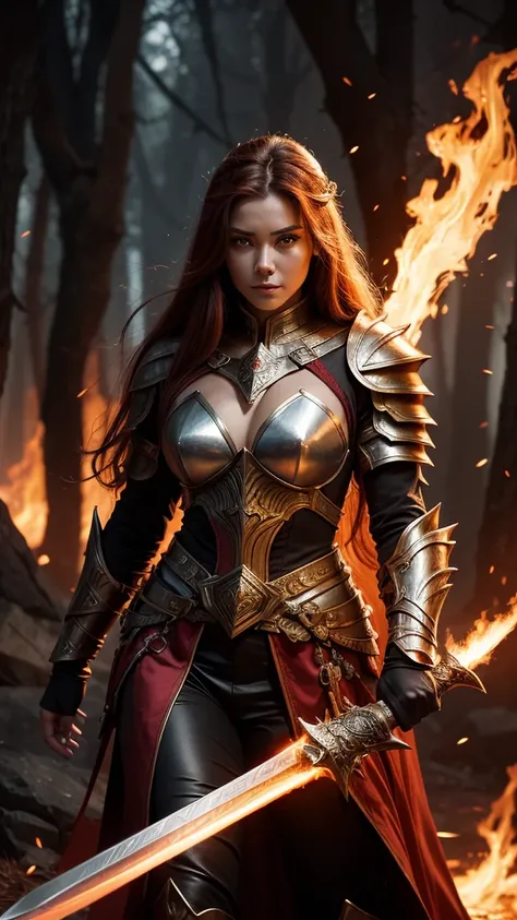 a woman in armor with a sword and fire in her hand, Concept art by Yang J., Artstation contest winner, Fantasy Art, she has fire powers, a very beautiful berserker woman, appears as the goddess of fire., fire wizard, fantasy woman, The flames surround her,...