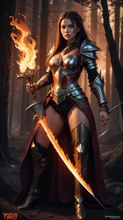 a woman in armor with a sword and fire in her hand, Concept art by Yang J., Artstation contest winner, Fantasy Art, she has fire powers, a very beautiful berserker woman, appears as the goddess of fire., fire wizard, fantasy woman, The flames surround her,...