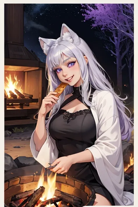 One woman. A young silver haired woman with violet eyes and silver cat ears and a silver tail is eating dinner with a big smile by a campfire