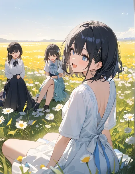 超High resolution, (masterpiece:1.2), Highest quality, High resolution, Awards, Attention to detail,Girls laughing、Sitting、The sky is blue、The flower fields and grasslands are impressive.,Our hair is blowing in the wind、Black Hair、short hair、long hair、hair ...