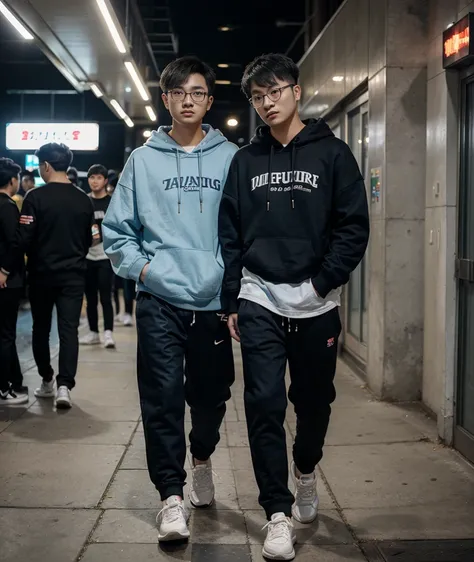 21 year age old Chinese boy, he is wearing a oversize xxl blue plain Hoodie, he is wearing black trousers, he is wearing sneakers, he is wearing glasses, nightclub, full body,  (he is Korean Hairstyle), foot, walking 