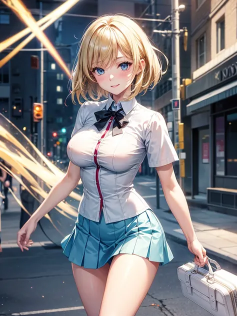 Anime style, super fine illustration, highly detailed, beautiful detailed, pale tone image, static representation, gentle expression, 8k, pretty 1girl with blonde straight short hair & blue eyes & a bright smile & full bust & nipples & soft fair skin is we...