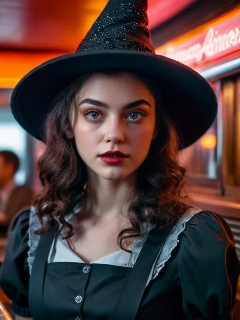 hyper realistic and highly detailed, an otherworldly horror beautiful young witch creature, half body portrait, cinematic, movie still, captured in the style of Sony Alpha A7 III camera, working at American diner