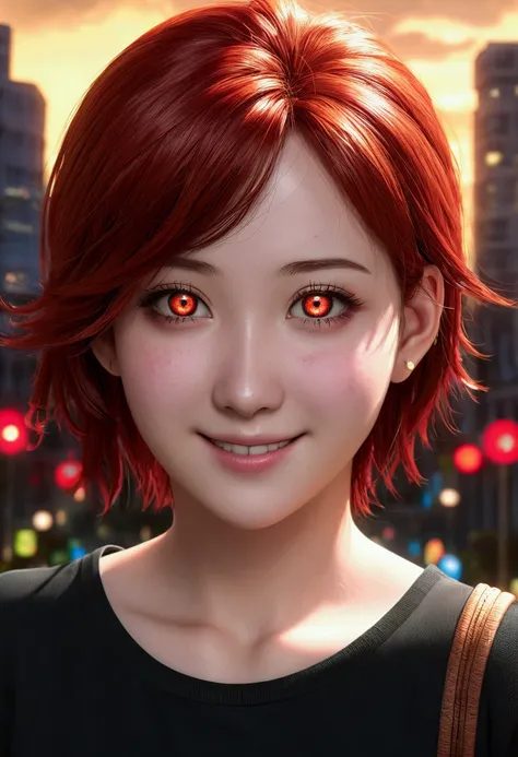 ((Best quality)), ((master piece)), (High datail:1.3), Woman, age 18, red hair, (makima:1.4), (((detailed eyes))), (((glowing eyes))), ([High details]) wearing black shirt, smiling, ((city)), high quality, 4k resolution, depth of field, anime.