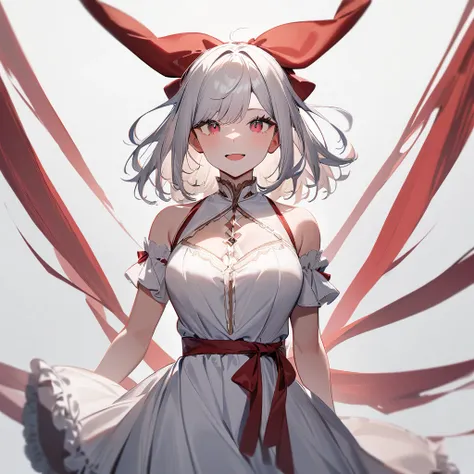 1girl,Solo,White hair,Blue and red, swept bangs,straight-on,medium hair,big breast,masterpiece, best quality,very aesthetic,absurdres,(hair bow),(Low brightness),(frill dress),(red)