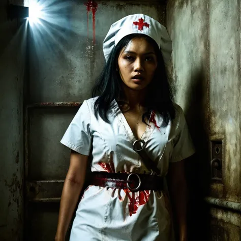 Silent Hill Satanic young demonic creepy nurse Malay woman locked in a dark and dirty cell, full body, horror, thick strokes, impasto, Albrecht Durer, Rembrandt, baroque art, alla prima, sfumato, chiaroscuro, intense light, lens flare, synthwave, film colo...