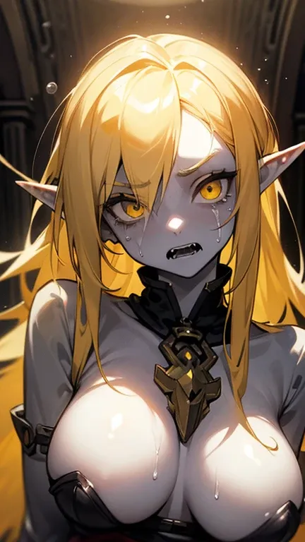 (A female zombie with yellow eyes and white skin and blonde hair, opening her fanged mouth, no expression, look here,) in a beautiful house, (link:1.4), legend of zelda, GS-Womanly, huge breasts, 4K, 8k, High resolution, masterpiece:1.2, Very detailed, sad...