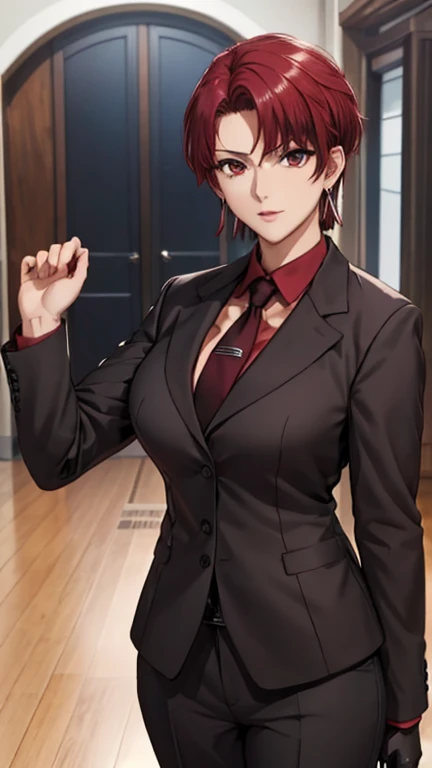 (masterpiece, best quality:1.2), bazett, fgo, 1girl, solo, short hair, red hair, bangs, red eyes,  large breasts, black gloves, formal suit, necktie, jacket, upper body, earrings, 