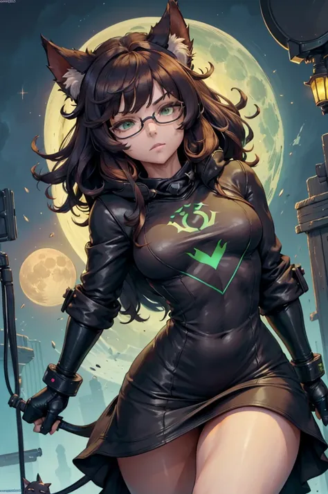 Quality 4k, Solo, Girl, Detailed Face, Detailed Eyes, Green Eyes, Adult Female, Young Adult Female, Female, Goblin, Short, (Wizard Hat), Yellow Moon Decal, Shadow Cat Familiar, Black Chibi Familiar, Glasses, (Brown Poofy Hair), Bright Green Eyes, Shop Owne...