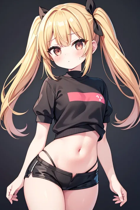 Maximum quality, work of art, high qualiy, detailed 8k, neat graphics. a girl, 独奏, very beautiful very beautiful. small, with dark brown eyes, blonde hair tied in pigtails, blushed, vermelha, looking at me with a silly but cute vulnerable expression, Broad...