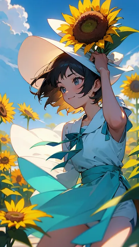  master piece, best quality, for below, cinematic angle, upper body , pigeon toed,  
Anime-style Moe illustration, summer vacation theme, 20-year-old 4womans holding a bouquet of sunflowers, short hair, summer dress, slightly inner thighs, smile, accurate ...