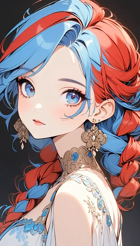 a stylized art of a woman in a pretty dress with blue hair, 1girl, solo, jewelry, earrings, blue eyes, looking at viewer, mole, black background, red hair
