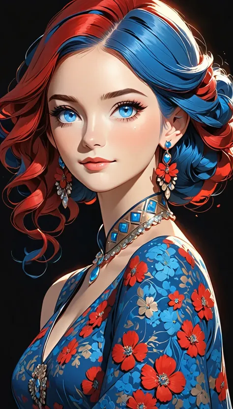 a stylized art of a woman in a pretty dress with blue hair, 1girl, solo, jewelry, earrings, blue eyes, looking at viewer, mole, ...