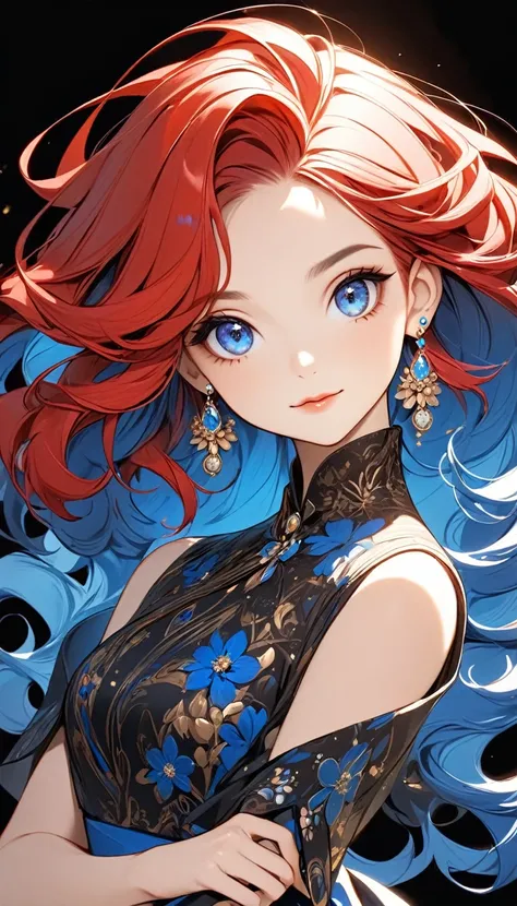 a stylized art of a woman in a pretty dress with blue hair, 1girl, solo, jewelry, earrings, blue eyes, looking at viewer, mole, ...