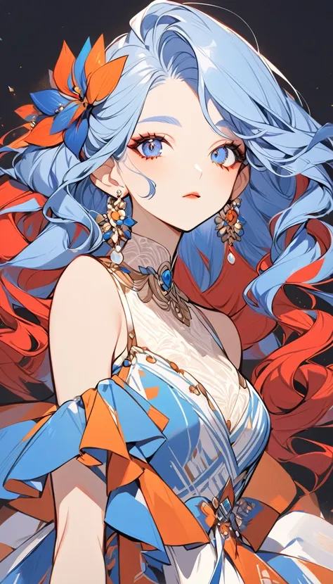 a stylized art of a woman in a pretty dress with blue hair, 1girl, solo, jewelry, earrings, blue eyes, looking at viewer, mole, ...