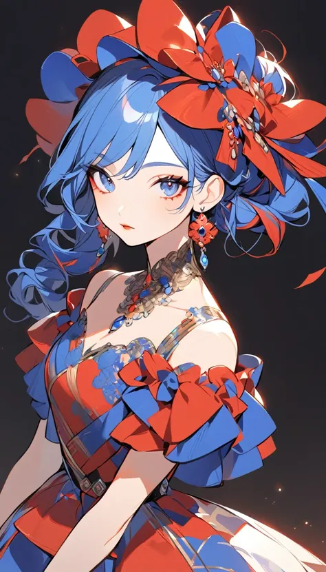 a stylized art of a woman in a pretty dress with blue hair, 1girl, solo, jewelry, earrings, blue eyes, looking at viewer, mole, black background, red hair
