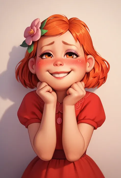 meilinlee, pink flower on hair, orange hair, red dress, makeup, shy smile, blush