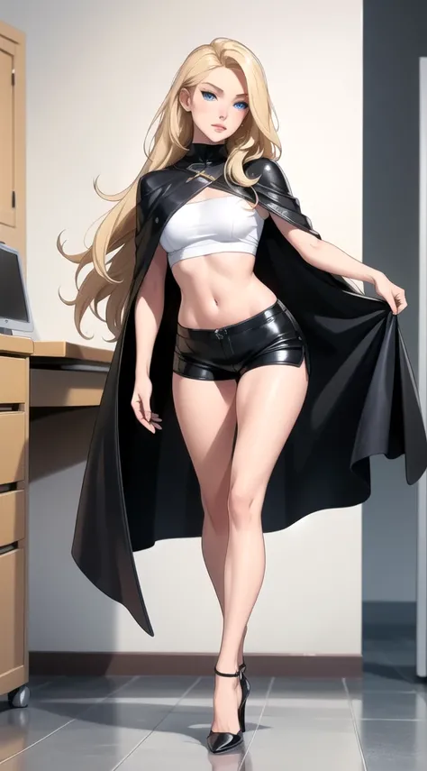 Skinny blonde girl, on leather shorts, leather top and a black cape whit, black heels, and white socks, long blonde hair, (detailed face) blue eyes, sexy skinny girl. Walking on office, detailed face, beautiful eyes, skinny sexy legs, walking while a man g...