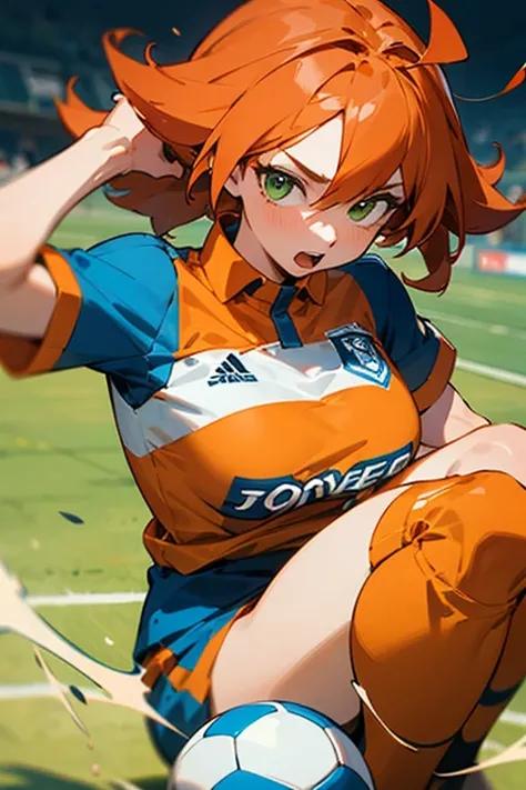 Woman orange hair green eyes with soccer shirt giant tits
