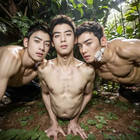 (((1 male kpop idol and a group of men - a young adult male explorer with messy brown hair and tight erotic expedition jungle outfit is exploring the jungle when he comes across a group of ugly fat bastards men who are also exploring the jungle and they fu...