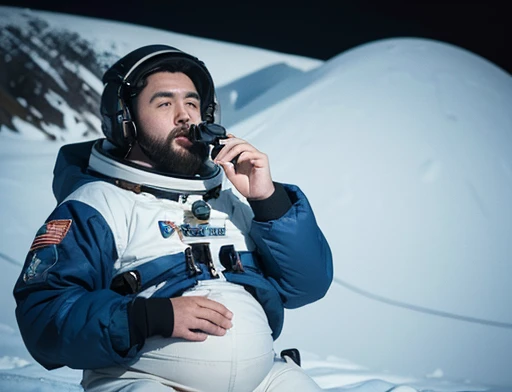 He has his mouth open, astonished, frightened Astronaut, bearded, plump, extremely thick thighs, large belly, fat, using a doll for observation, He holds the binoculars with both hands close to His Face, icy mountains, snowy place, the Astronaut using bino...