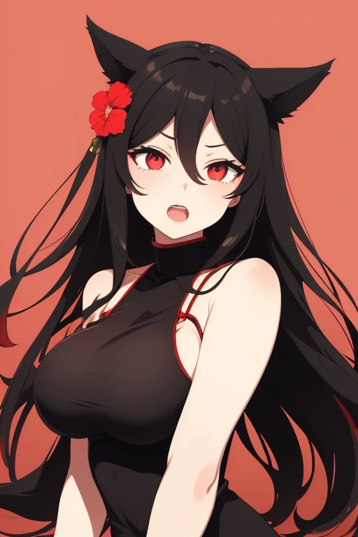 breasts, looking at the viewer, Long hair, High resolution, black hair, Red eyes, animal ears, big breasts, open mouth, simple background, hair flower, outdoor, 