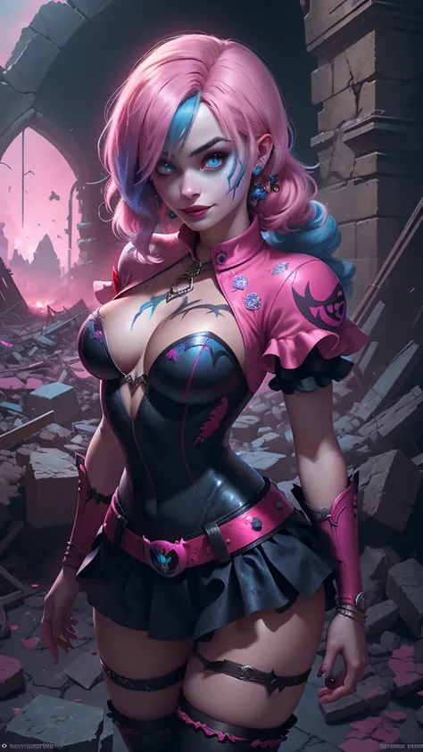 (La mejor calidad,A high resolution,Ultra - detallado,actual),harley quinn supergils sexy , (Margot Robbie dressed as harley quinn in Suicide Squad all alone) ,(Ruined dungeon ruins background:1.4 ), TOP Negro violent ,(pink hair +red:1.4), MINISKIRT Corto...