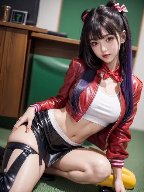 best quality，In 4K，beautiful girl，gravure idol，model，red，purple，Green outfit smile，highest quality，big breasts，hyper real stick、She has her bangs down，beautiful girl，Maid clotheasterpiece，perfect face，perfect breasts，long hair，Outstanding style，stimulating...