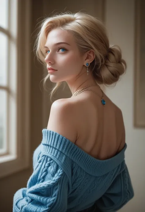 1 girl in, 19 years old, bare, Longhaire, Colossal , Look to viewer, blond hair, blue colored eyes, jewels, the whole body, a necklace, off the shoulders, Sweaters, realisitic, back view